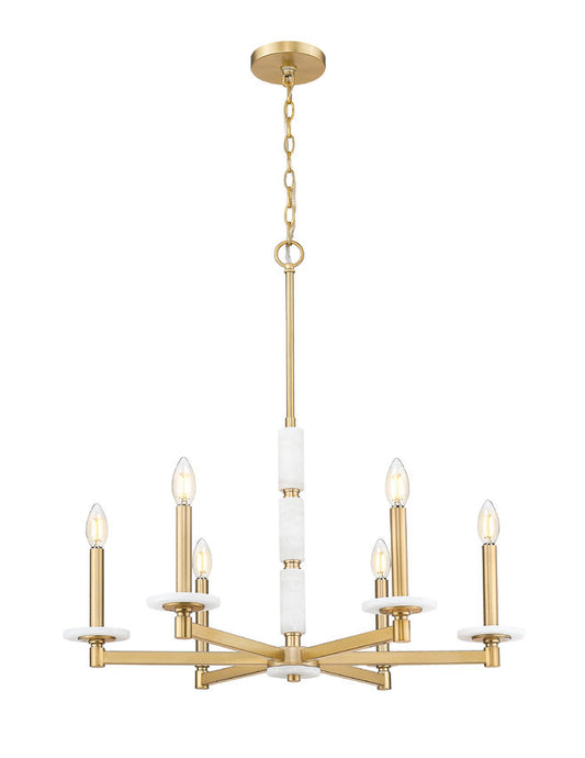 Z-Lite Kaden 6-Light Candelabra Bulb Base Modern Gold Steel Frame Stone Alabaster Chandelier