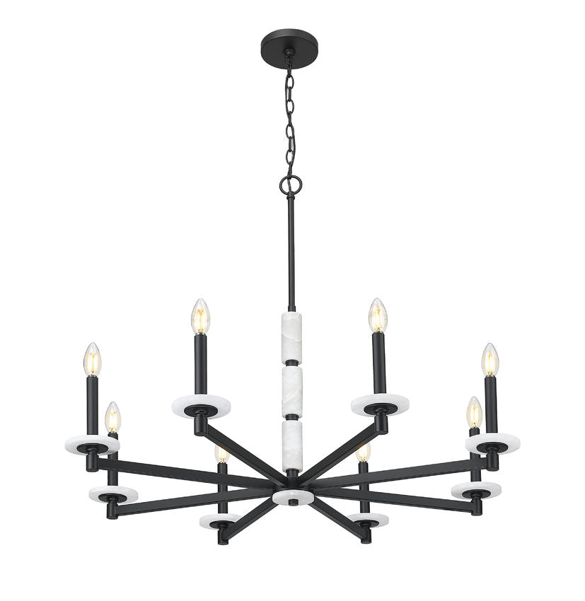 Z-Lite Kaden 8-Light Candelabra Bulb Base Matte Black Steel Frame Stone Alabaster Chandelier