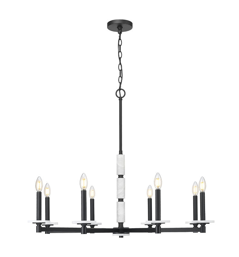 Z-Lite Kaden 8-Light Candelabra Bulb Base Matte Black Steel Frame Stone Alabaster Chandelier