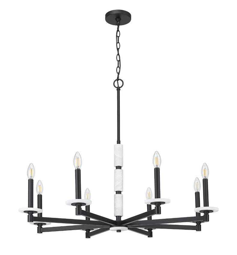 Z-Lite Kaden 8-Light Candelabra Bulb Base Matte Black Steel Frame Stone Alabaster Chandelier