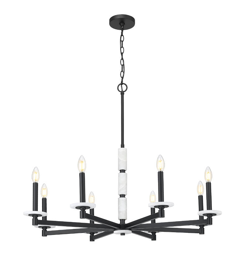 Z-Lite Kaden 8-Light Candelabra Bulb Base Matte Black Steel Frame Stone Alabaster Chandelier