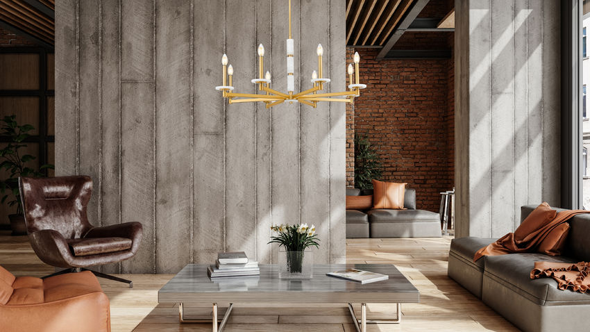 Z-Lite Kaden 8-Light Candelabra Bulb Base Modern Gold Steel Frame Stone Alabaster Chandelier