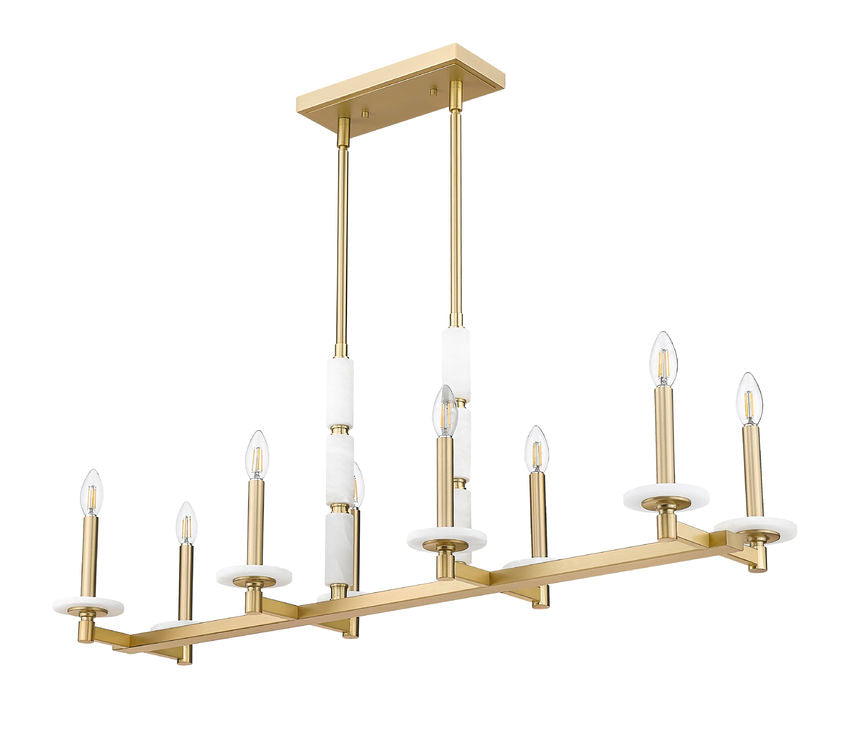Z-Lite Kaden 8-Light Candelabra Bulb Base Modern Gold Steel Frame Stone Alabaster Linear Chandelier