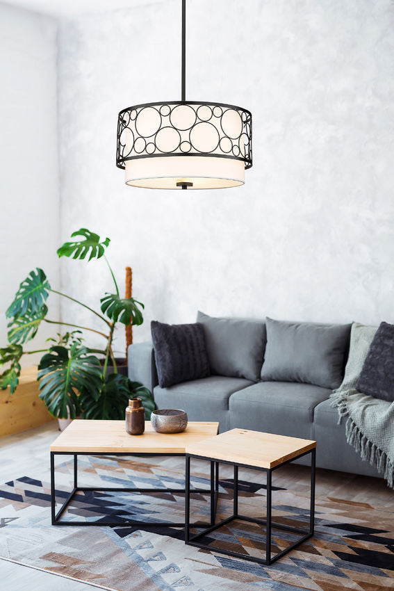 Z-Lite Kendall 17" 3-Light Matte Black Pendant Light With White Fabric Shade