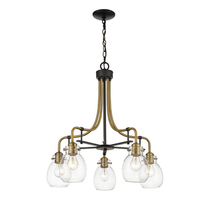 Z-Lite Kraken 25" 5-Light Matte Black and Olde Brass Chandelier With Clear Glass Shade