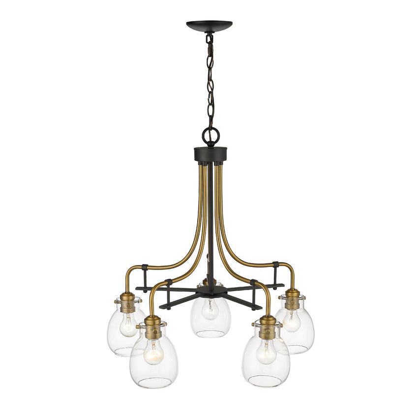 Z-Lite Kraken 25" 5-Light Matte Black and Olde Brass Chandelier With Clear Glass Shade