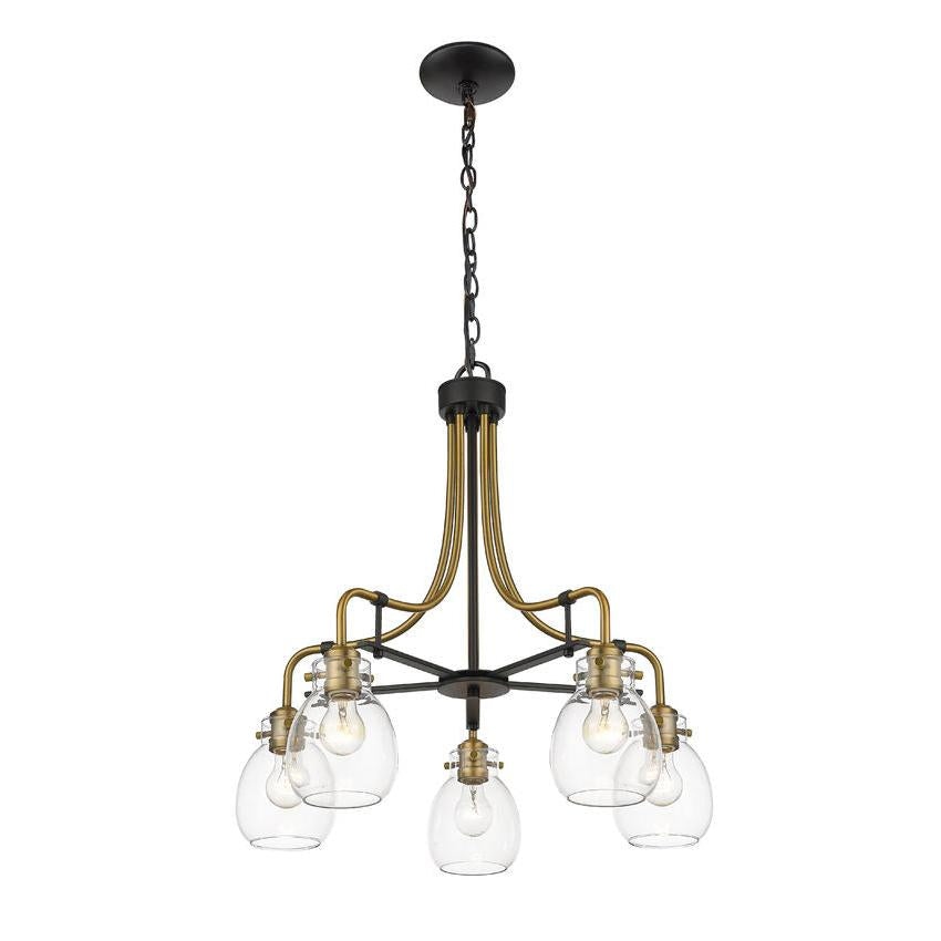 Z-Lite Kraken 25" 5-Light Matte Black and Olde Brass Chandelier With Clear Glass Shade