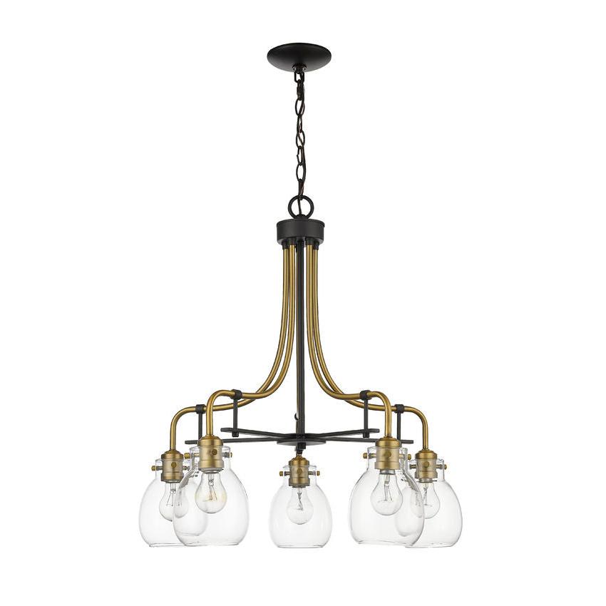 Z-Lite Kraken 25" 5-Light Matte Black and Olde Brass Chandelier With Clear Glass Shade
