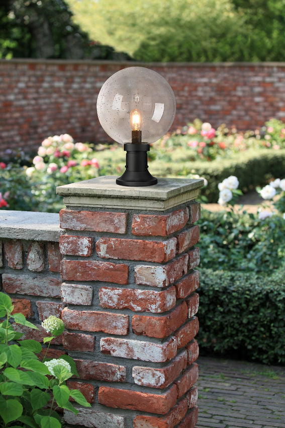 Z-Lite Laurent 12" W x 18" H 1-Light Black Outdoor Pier Mounted Fixture and Round Pier Mount Hardware With Clear Seedy Glass Shade