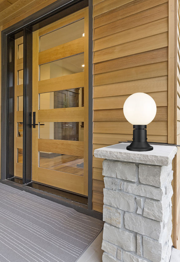 Z-Lite Laurent 8" W x 14" H 1-Light Black Outdoor Pier Mounted Fixture and Round Pier Mount Hardware With Opal Glass Shade