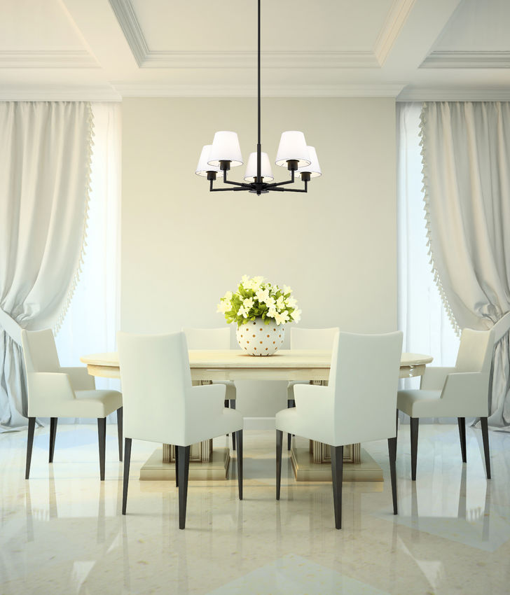 Z-Lite Leila 26" 5-Light Matte Black Steel and White Linen Fabric Shade Chandelier