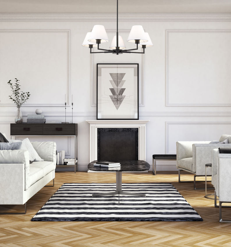 Z-Lite Leila 34" 5-Light Matte Black Steel and White Linen Fabric Shade Chandelier