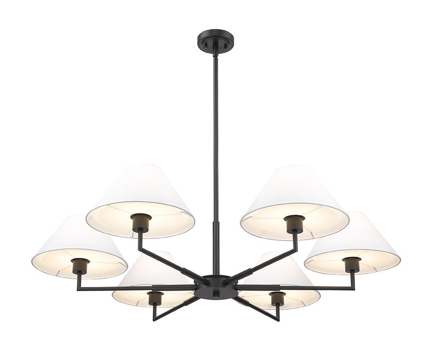 Z-Lite Leila 44" 6-Light Matte Black Steel and White Linen Fabric Shade Chandelier