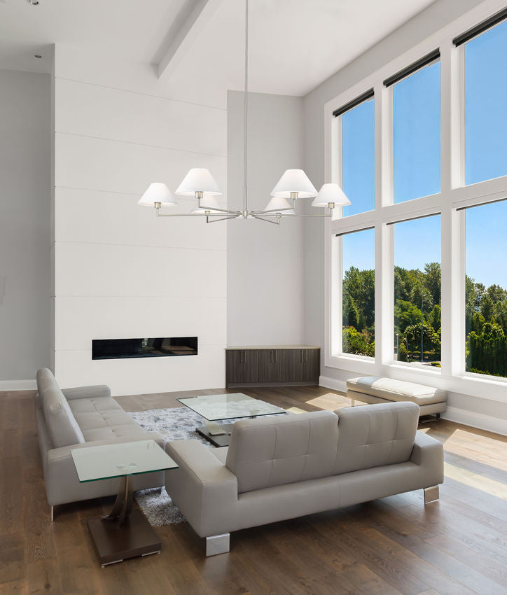 Z-Lite Leila 63" 6-Light Brushed Nickel Steel and White Linen Fabric Shade Chandelier