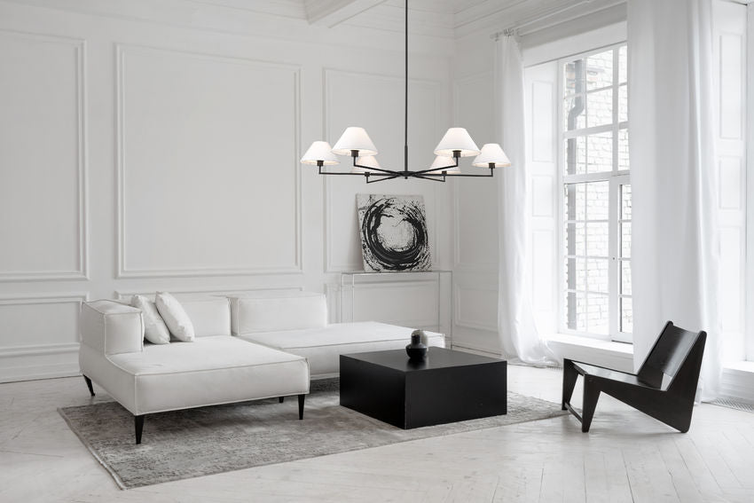 Z-Lite Leila 63" 6-Light Matte Black Steel and White Linen Fabric Shade Chandelier