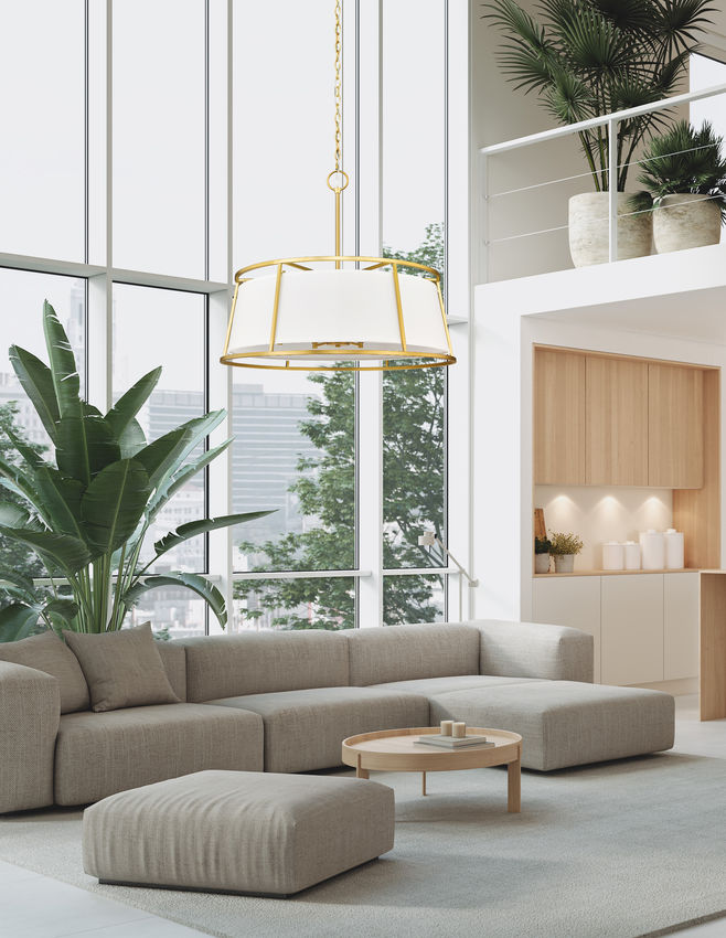 Z-Lite Lenyx Pendant 32" 8-Light Rubbed Brass Pendant Light With White Fabric Shade