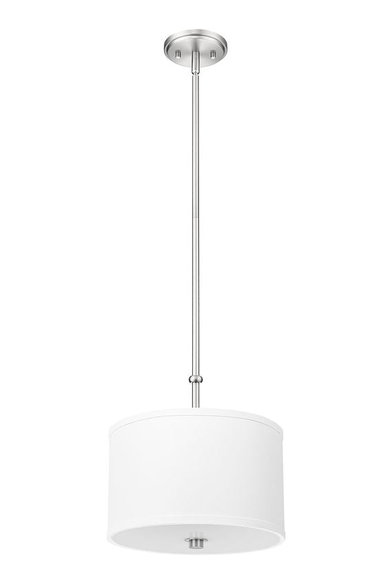 Z-Lite Linden 12" 1-Light LED Integrated Brushed Nickel Steel Frame White Fabric and Glass Shade Pendant Light