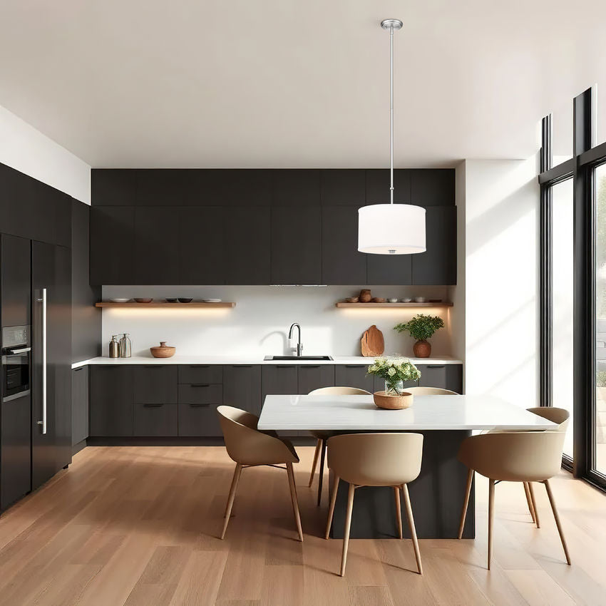 Z-Lite Linden 12" 1-Light LED Integrated Brushed Nickel Steel Frame White Fabric and Glass Shade Pendant Light