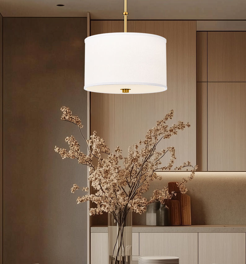 Z-Lite Linden 12" 1-Light LED Integrated Modern Gold Steel Frame White Fabric and Glass Shade Pendant Light