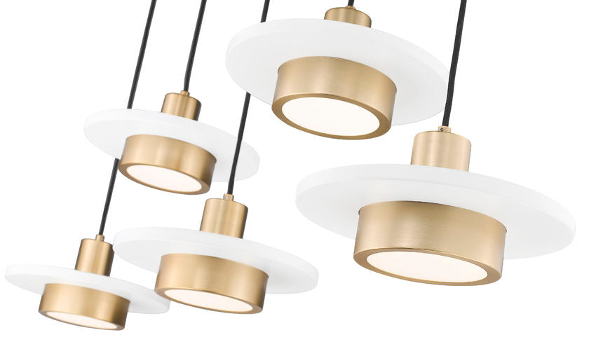 Z-Lite Ludo 12" 5-Light LED-Integrated Matte White and Modern Gold Steel Frame Frosted Acrylic Shade Linear Chandelier