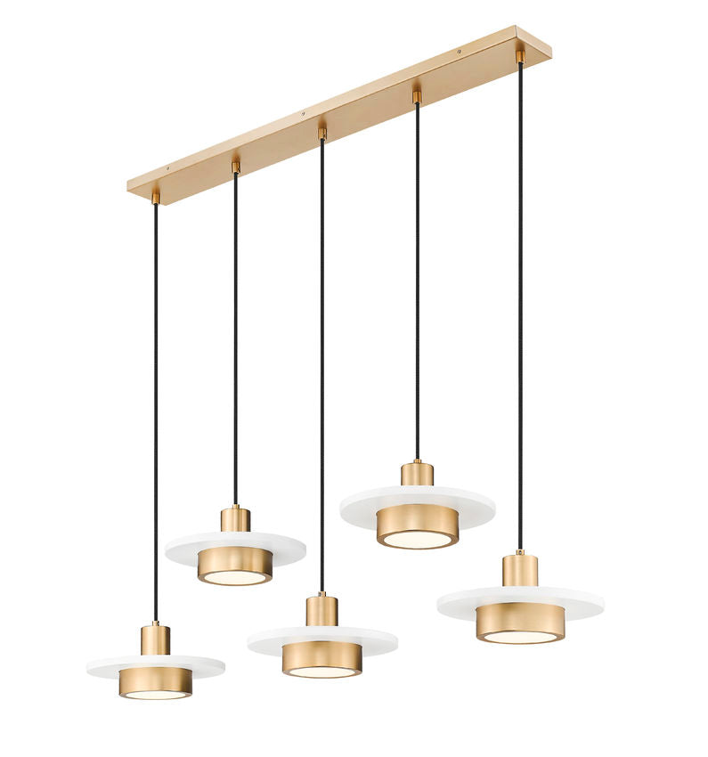 Z-Lite Ludo 12" 5-Light LED-Integrated Matte White and Modern Gold Steel Frame Frosted Acrylic Shade Linear Chandelier