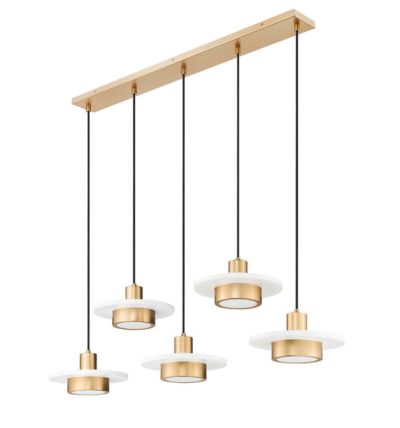 Z-Lite Ludo 12" 5-Light LED-Integrated Matte White and Modern Gold Steel Frame Frosted Acrylic Shade Linear Chandelier