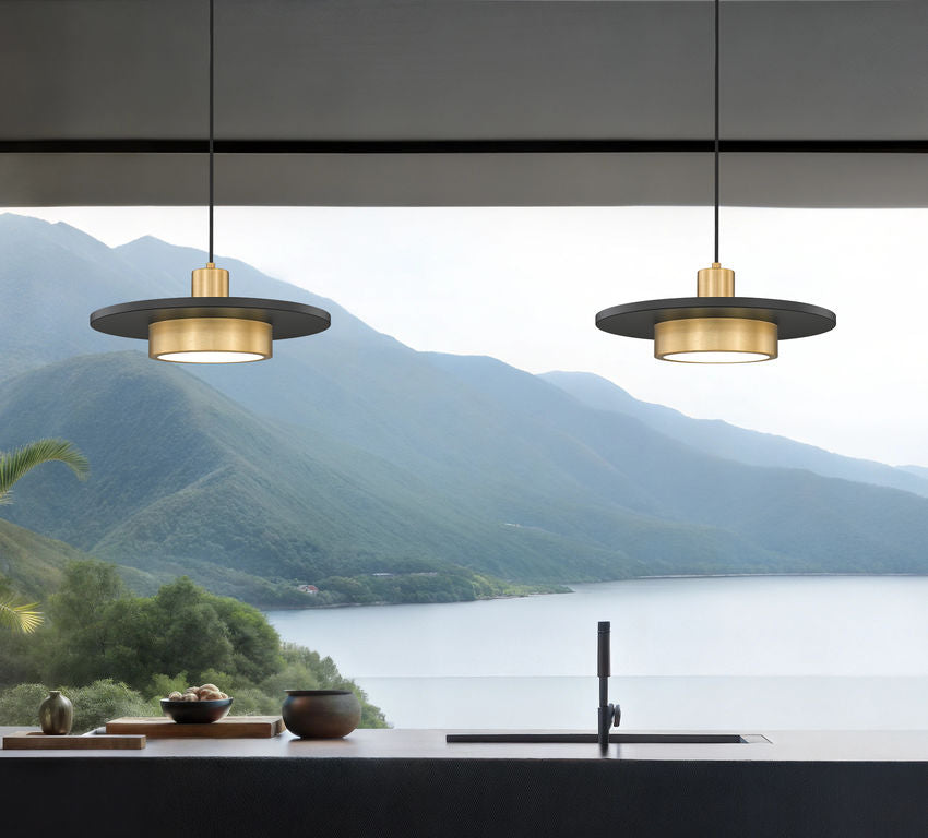 Z-Lite Ludo 16" 1-Light LED-Integrated Matte Black and Modern Gold Steel Frame Frosted Acrylic Shade Pendant Light