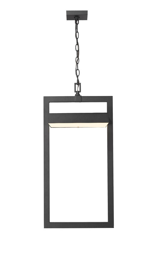 Z-Lite Luttrel 12" 1-Light LED Black Aluminum Outdoor Chain Mount Ceiling Fixture With Sand Blast Glass Shade