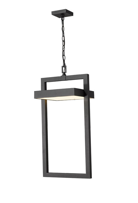 Z-Lite Luttrel 12" 1-Light LED Black Aluminum Outdoor Chain Mount Ceiling Fixture With Sand Blast Glass Shade