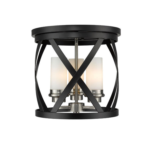 Z-Lite Malcalester 13" 3-Light Matte Black and Brushed Nickel Flush Mount Lighting With White Glass Shade