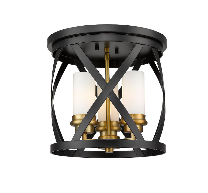 Z-Lite Malcalester 13" 3-Light Matte Black and Olde Brass Flush Mount Lighting With White Glass Shade