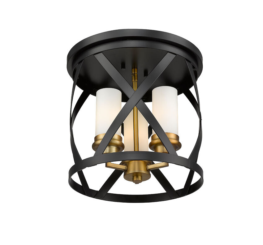 Z-Lite Malcalester 13" 3-Light Matte Black and Olde Brass Flush Mount Lighting With White Glass Shade