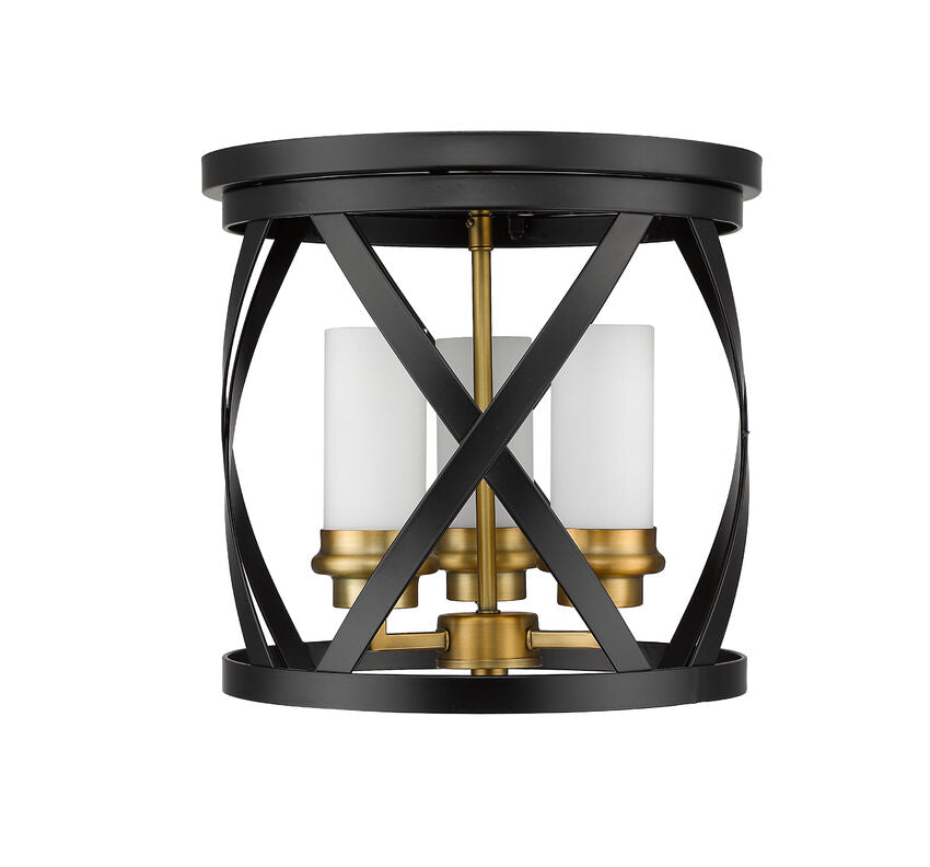 Z-Lite Malcalester 13" 3-Light Matte Black and Olde Brass Flush Mount Lighting With White Glass Shade