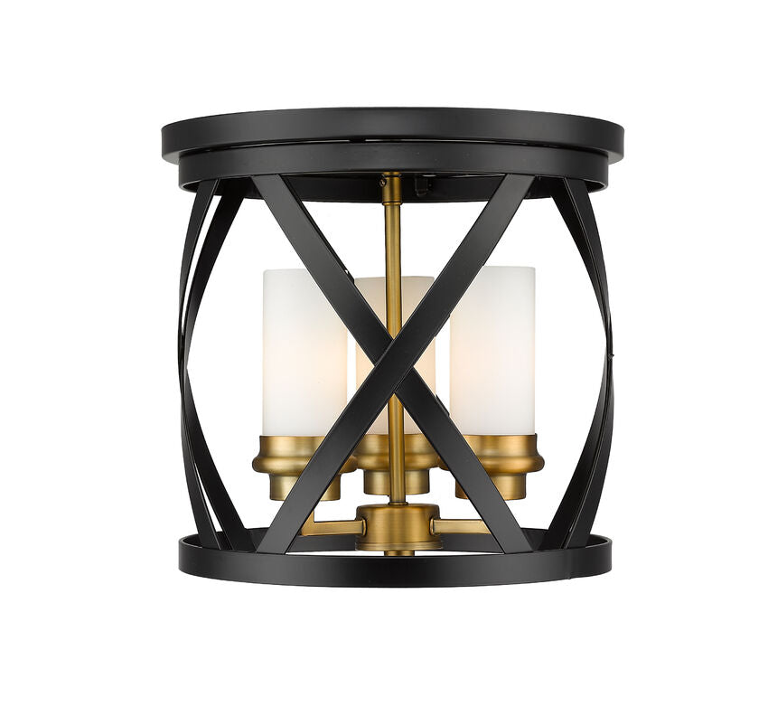 Z-Lite Malcalester 13" 3-Light Matte Black and Olde Brass Flush Mount Lighting With White Glass Shade