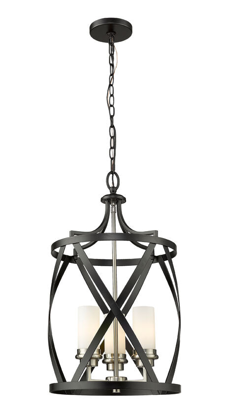 Z-Lite Malcalester 14" 3-Light Matte Black and Brushed Nickel Pendant Light With White Glass Shade