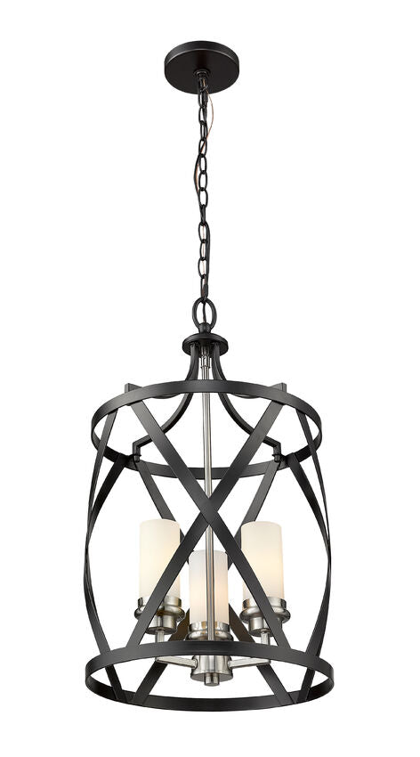 Z-Lite Malcalester 14" 3-Light Matte Black and Brushed Nickel Pendant Light With White Glass Shade