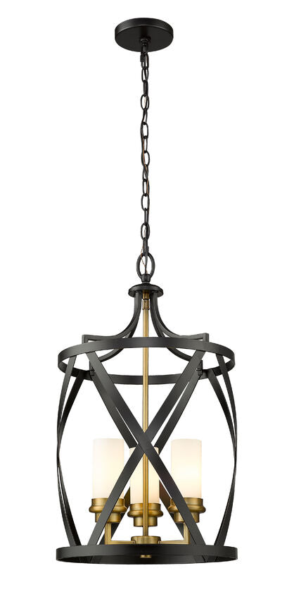 Z-Lite Malcalester 14" 3-Light Matte Black and Olde Brass Pendant Light With White Glass Shade