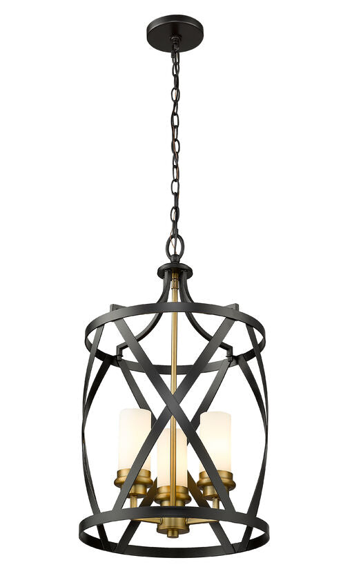 Z-Lite Malcalester 14" 3-Light Matte Black and Olde Brass Pendant Light With White Glass Shade