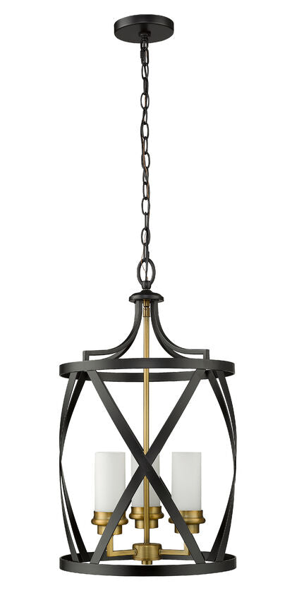 Z-Lite Malcalester 14" 3-Light Matte Black and Olde Brass Pendant Light With White Glass Shade