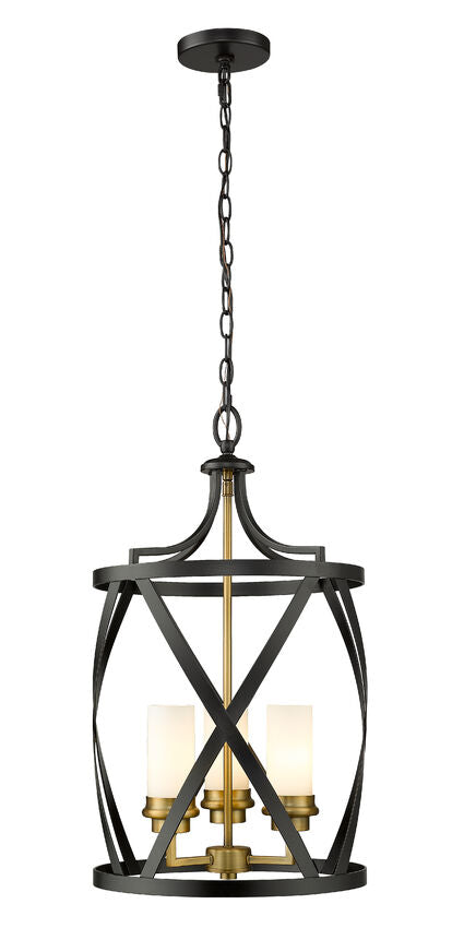 Z-Lite Malcalester 14" 3-Light Matte Black and Olde Brass Pendant Light With White Glass Shade