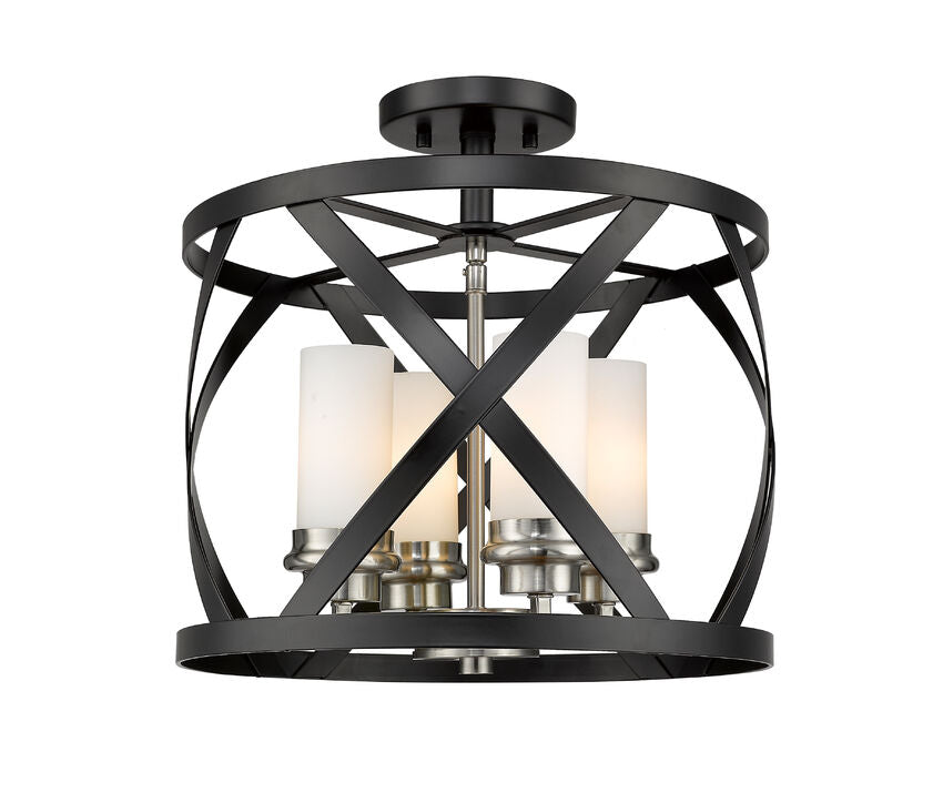 Z-Lite Malcalester 15" 4-Light Matte Black and Brushed Nickel Semi Flush Mount With White Glass Shade