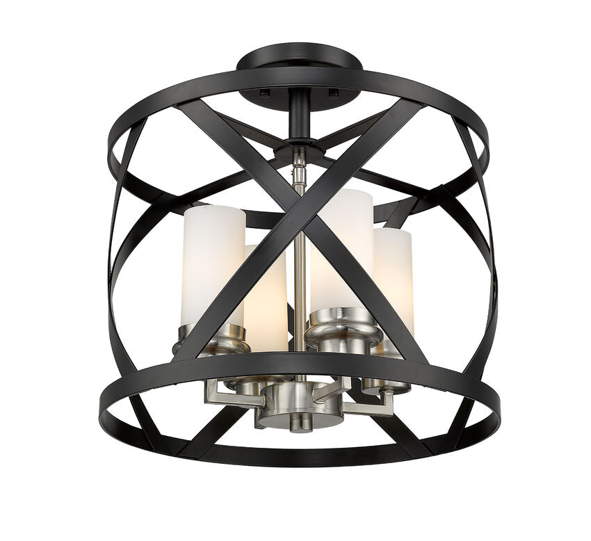 Z-Lite Malcalester 15" 4-Light Matte Black and Brushed Nickel Semi Flush Mount With White Glass Shade