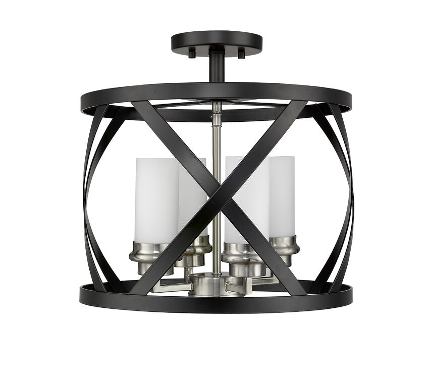 Z-Lite Malcalester 15" 4-Light Matte Black and Brushed Nickel Semi Flush Mount With White Glass Shade