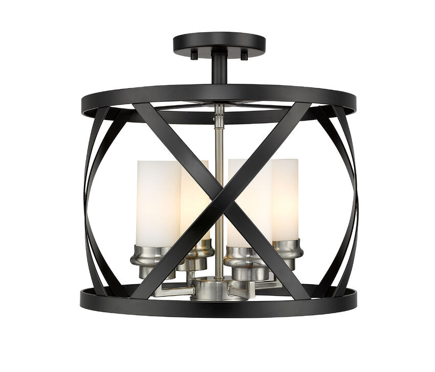 Z-Lite Malcalester 15" 4-Light Matte Black and Brushed Nickel Semi Flush Mount With White Glass Shade