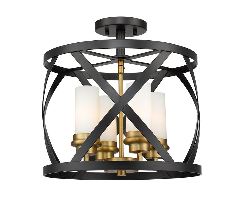 Z-Lite Malcalester 15" 4-Light Matte Black and Olde Brass Semi Flush Mount With White Glass Shade