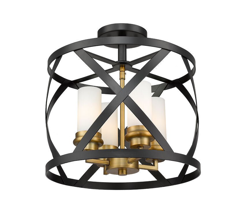 Z-Lite Malcalester 15" 4-Light Matte Black and Olde Brass Semi Flush Mount With White Glass Shade