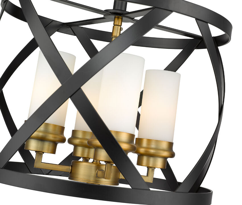 Z-Lite Malcalester 15" 4-Light Matte Black and Olde Brass Semi Flush Mount With White Glass Shade