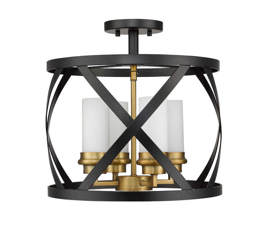 Z-Lite Malcalester 15" 4-Light Matte Black and Olde Brass Semi Flush Mount With White Glass Shade