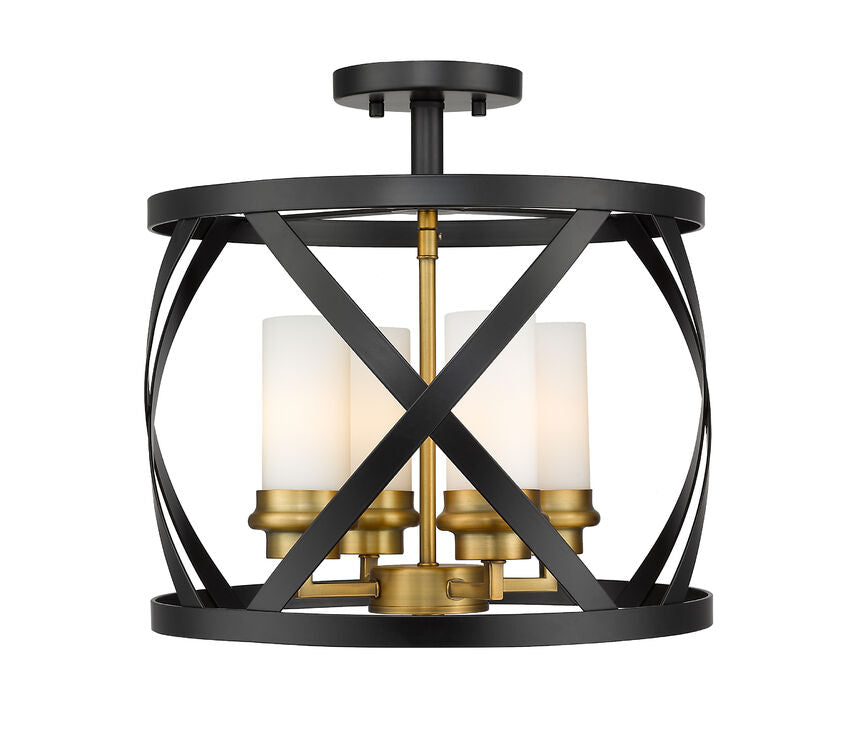 Z-Lite Malcalester 15" 4-Light Matte Black and Olde Brass Semi Flush Mount With White Glass Shade