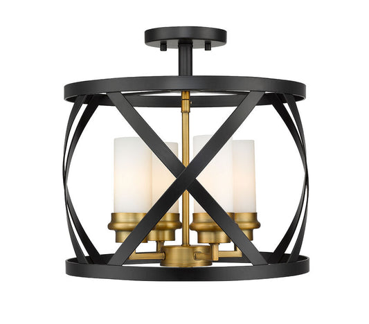 Z-Lite Malcalester 15" 4-Light Matte Black and Olde Brass Semi Flush Mount With White Glass Shade